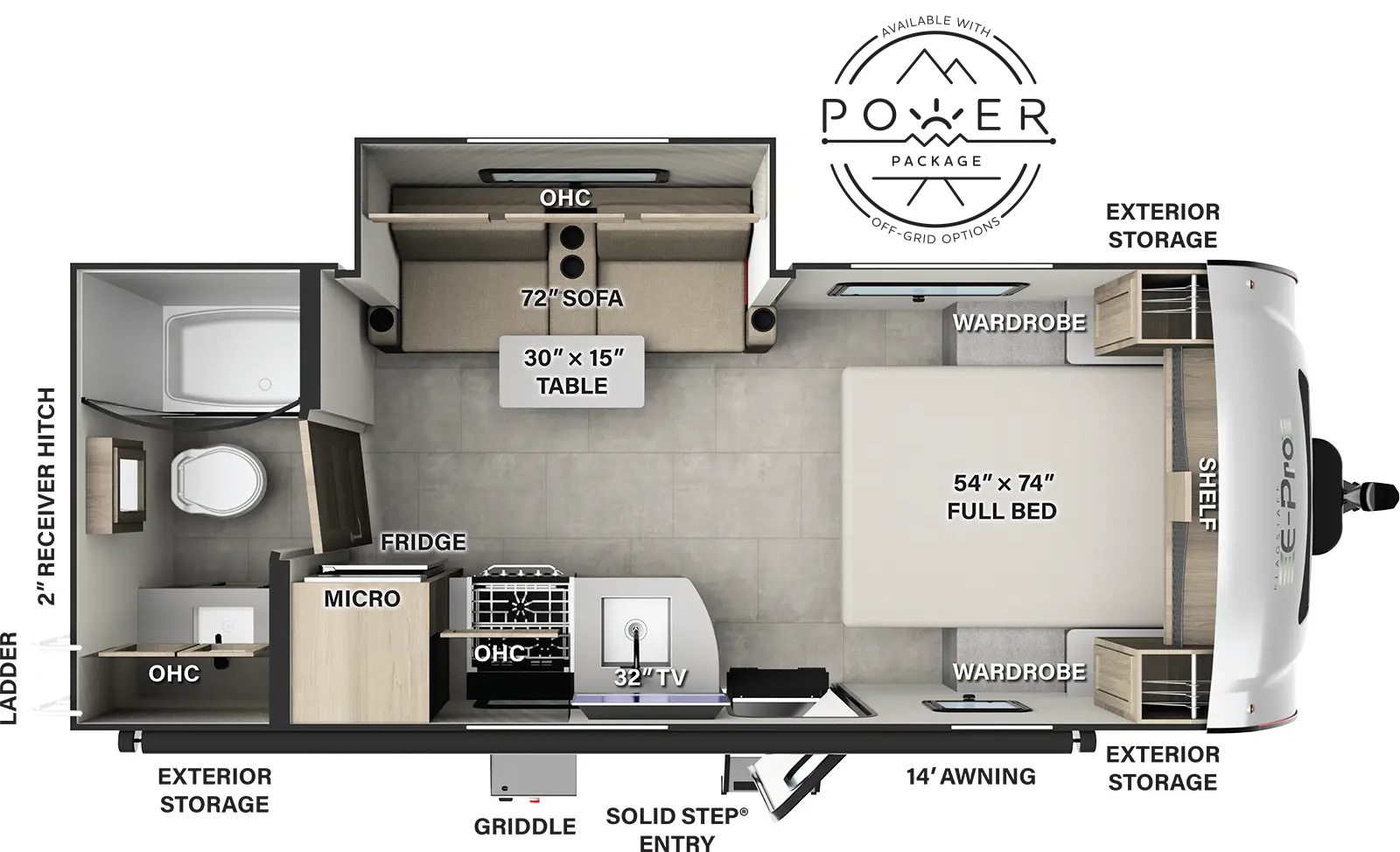 The Flagstaff E-Pro E20FBS has one entry and one slide out. Exterior features include: fiberglass exterior and 14' awning. Interiors features include: front bedroom and rear bathroom.